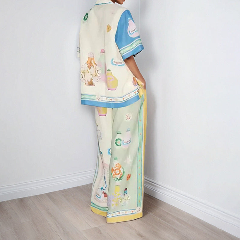 Fashionable and personalized short sleeved color blocked vacation fashion casual suit