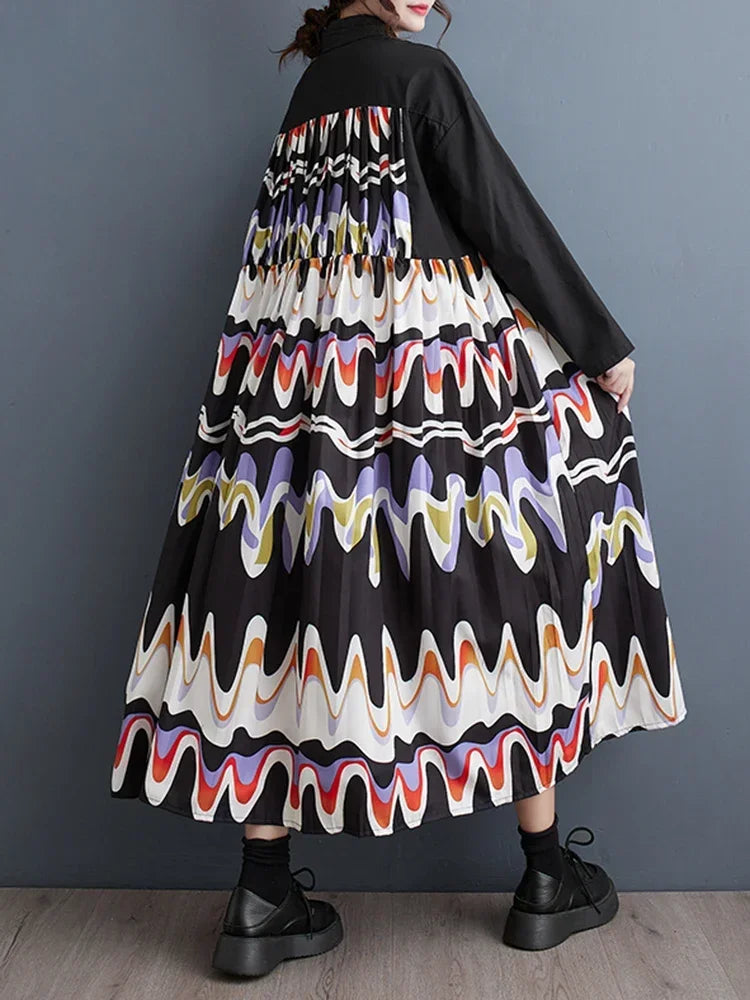 Casual Long Sleeve Shirt Dress Fashion Loose Contrast Color Print Big Hem  Initial Autumn New Women Dress