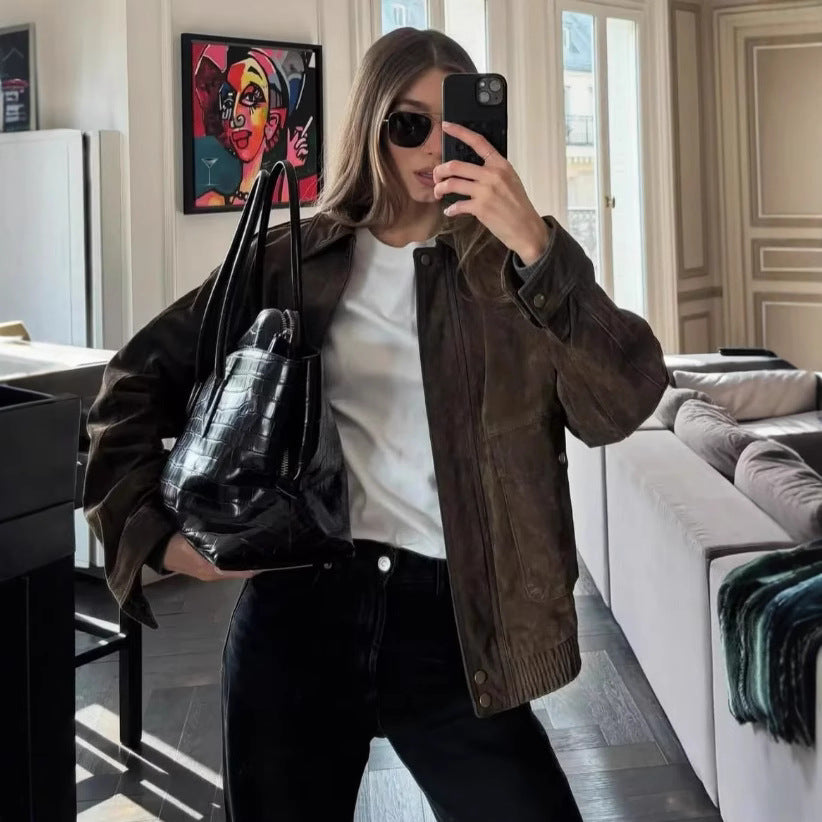 Casual Fashion Velvet Texture Loose Fit Fashionable Versatile Jacket Outerwear