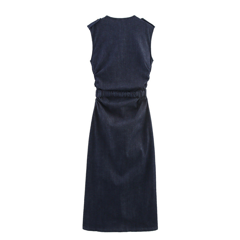 Elegant Sleeveless Pleated Dress with Belt Style Fashion Casual Women's Dress