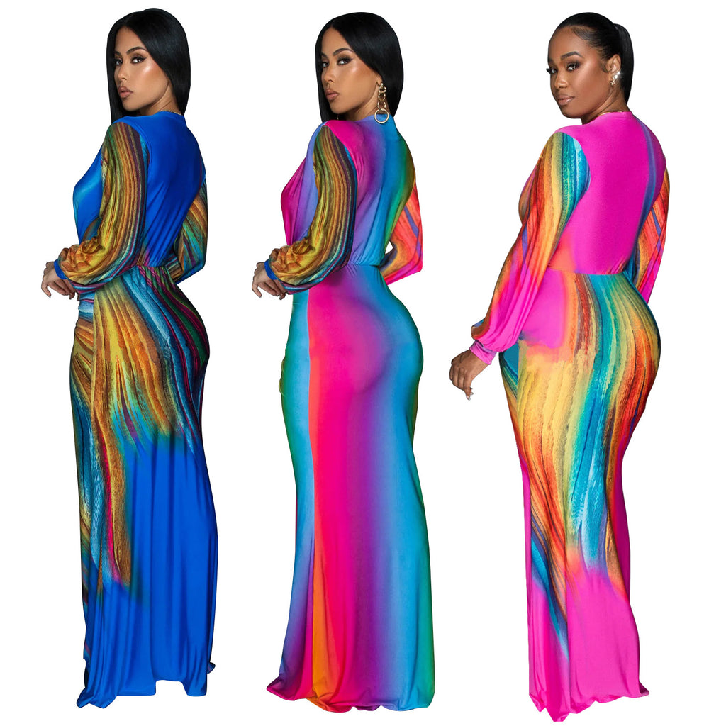 Fashion Women's Pleated Color-block Casual Dress Long