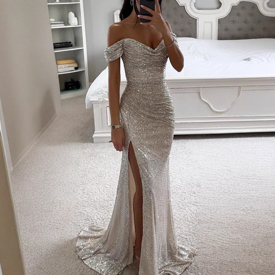 Shiny Sequin One-Shoulder Split Dress, Casual Fashion Dress for Women