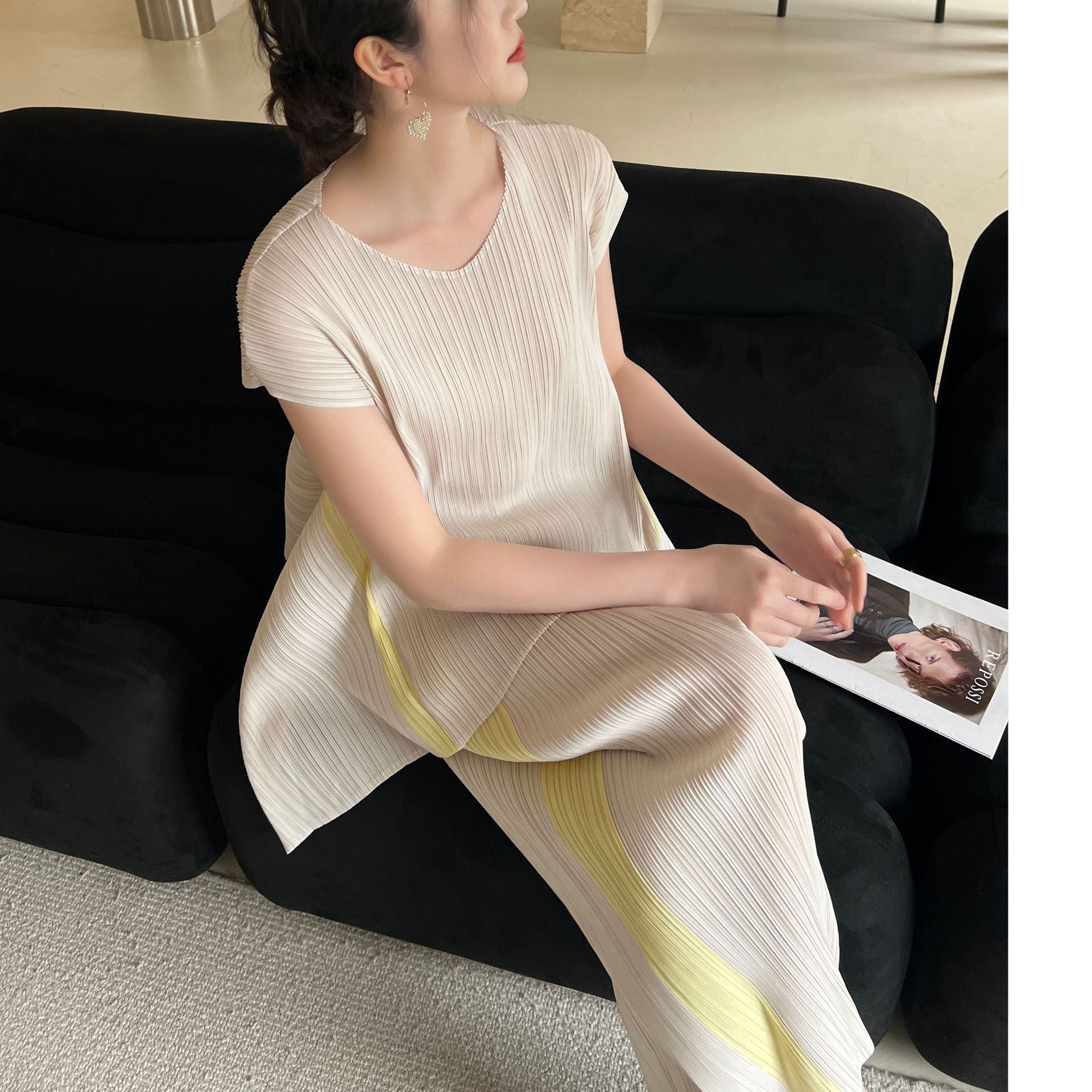 High-end Pleated Fashion Irregular Casual Top and Pants Set