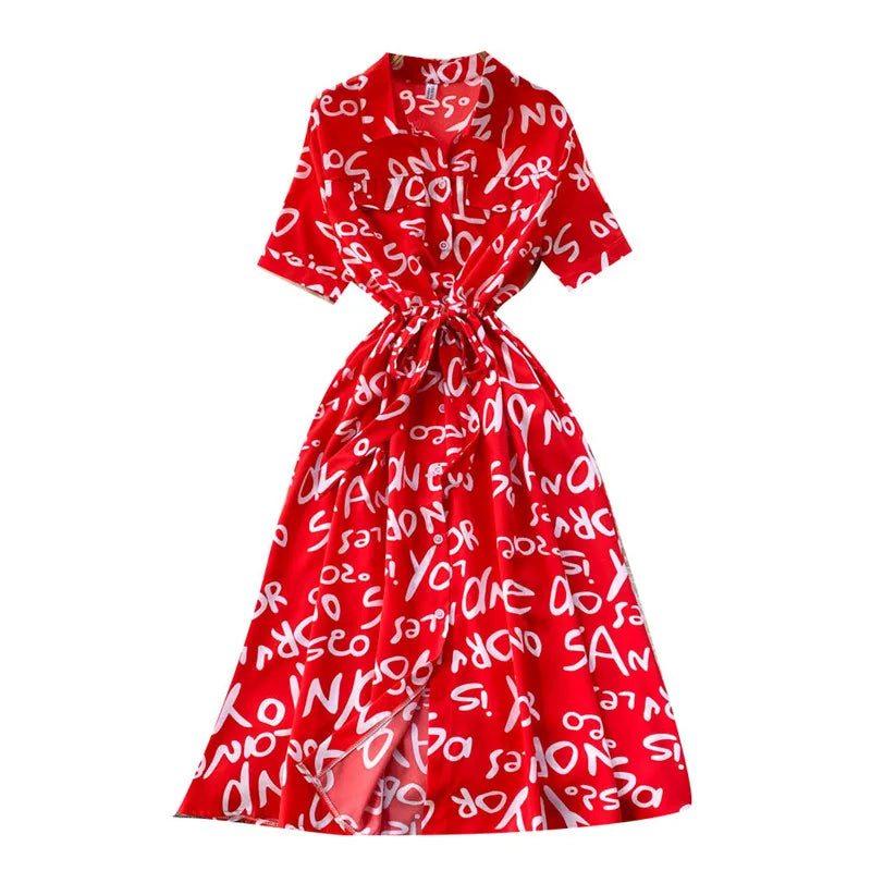 Summer Dress Women Single Breasted Lapel Short Sleeve High Waist Midi Long Dress Letter Print Fashion Casual Dresses Female