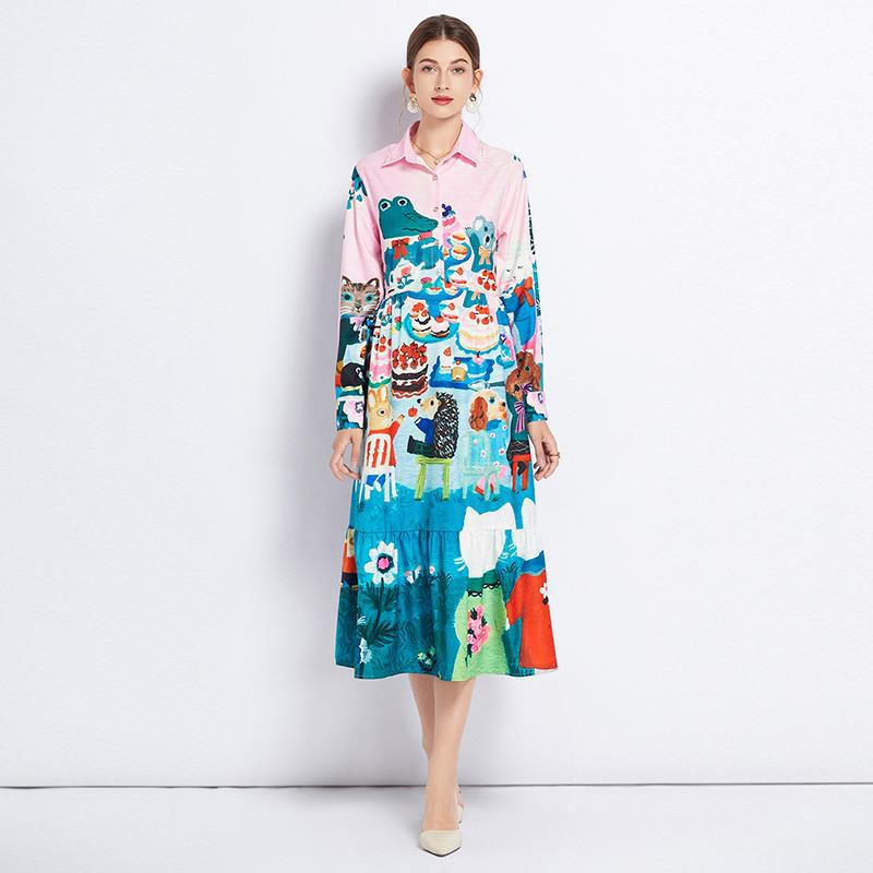 Women New Comings Fashion Design Cartoon Printing Casual Midi Long Dress Long Sleeve Lady Streetwear Vestidos Large Size