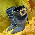New Rhinestone Denim Buckle Booties Sexy Pointed Toe Stiletto High Heels Fashion Casual Versatile Blue Sleeve French Bare Boots