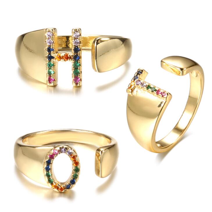 Adjustable A-Z Initial Ring Bohemian Copper Zircon Rainbow Letter Ring