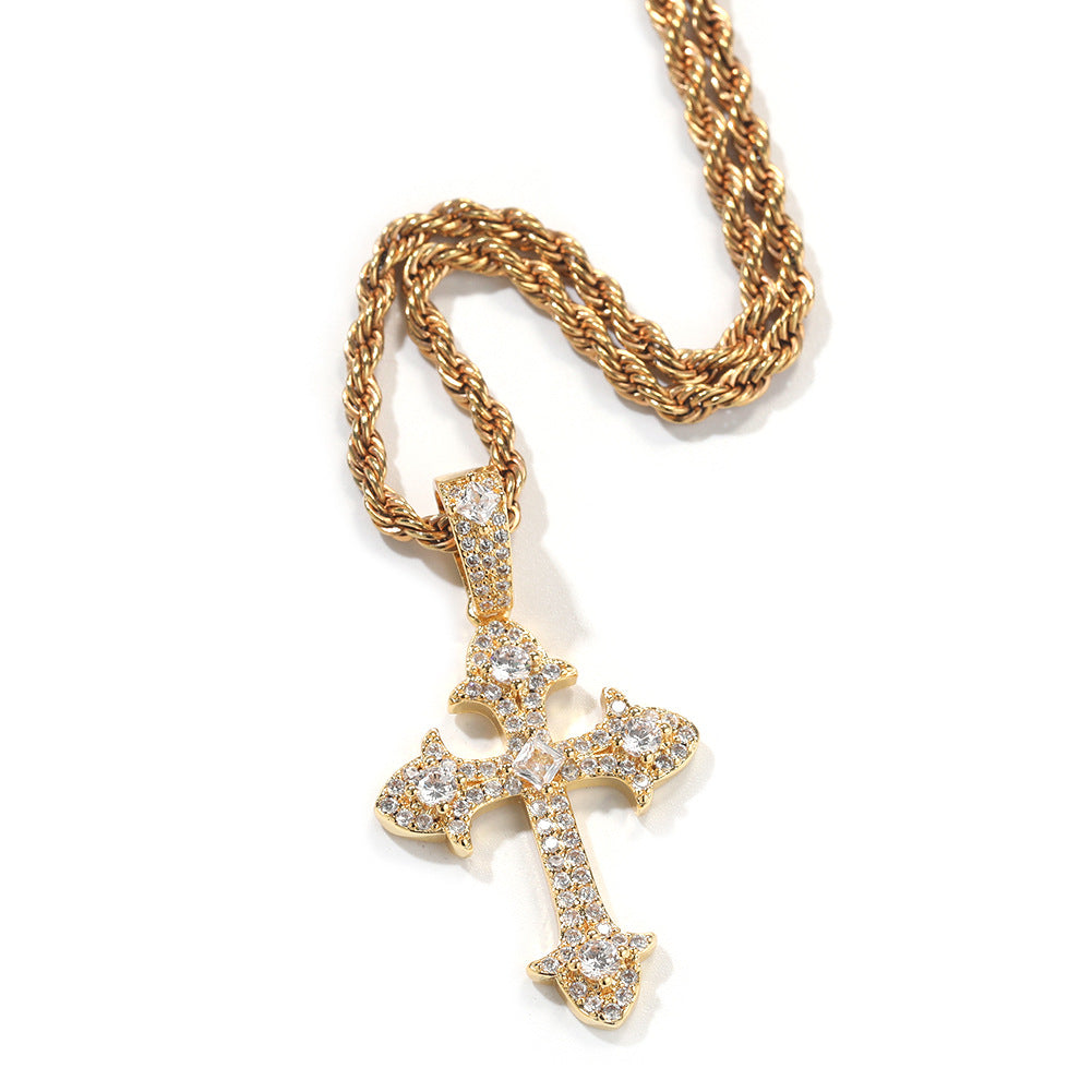 Zircon cross-shaped necklace, men's European and American sweater chain, hip-hop fashion, tagram style pendant necklace wholesale