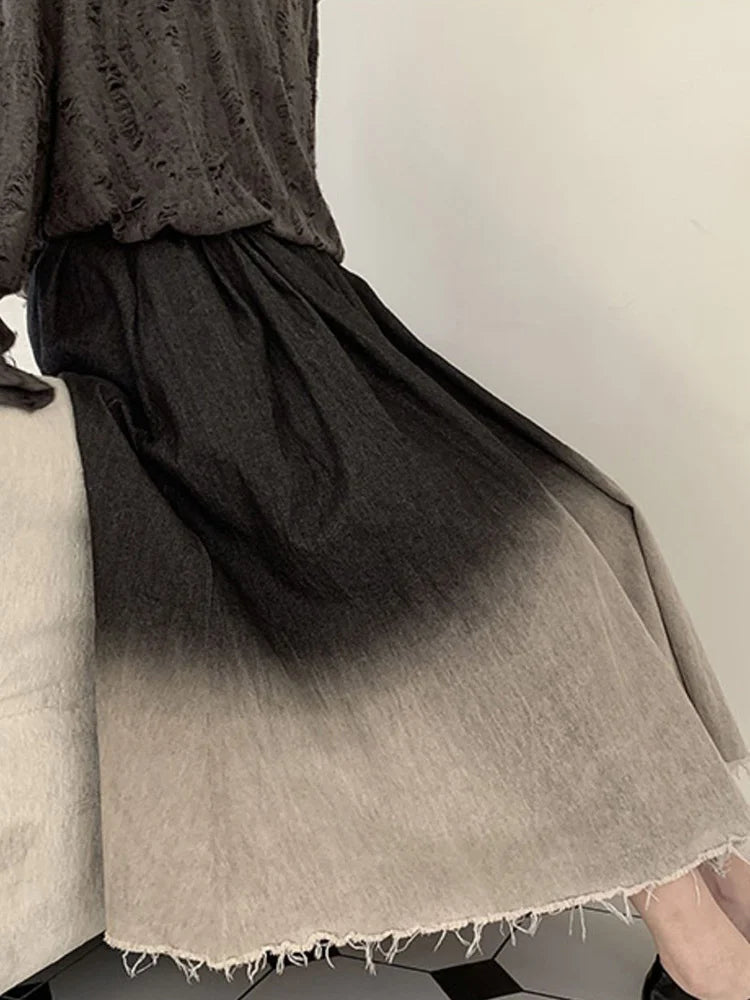 High Elastic Waist Gradual Color Burr Denim Long Casual Half-body Skirt Women Fashion Tide New Spring Autumn
