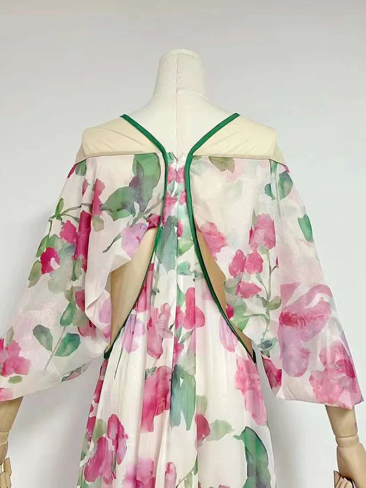 Hit Color Floral Printing Loose Casual Dress For Women V Neck Long Sleeve High Waist Split Loose Dresses Female Fashion New