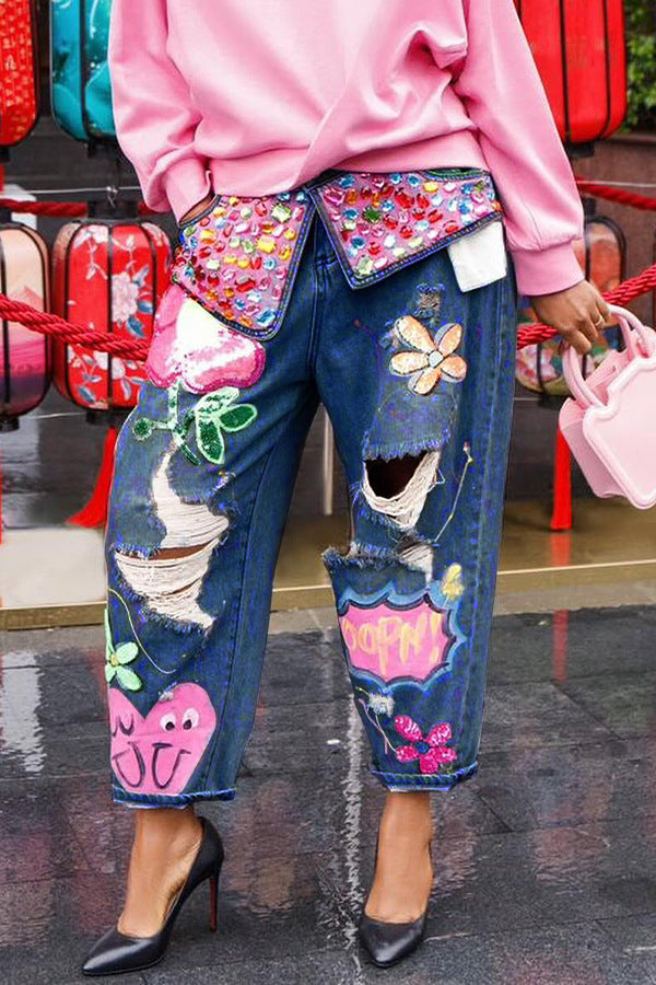 Fashion Denim Jeans with Rhinestone Embellishment and Cut-Out Design Printed Pattern, Casual Wear