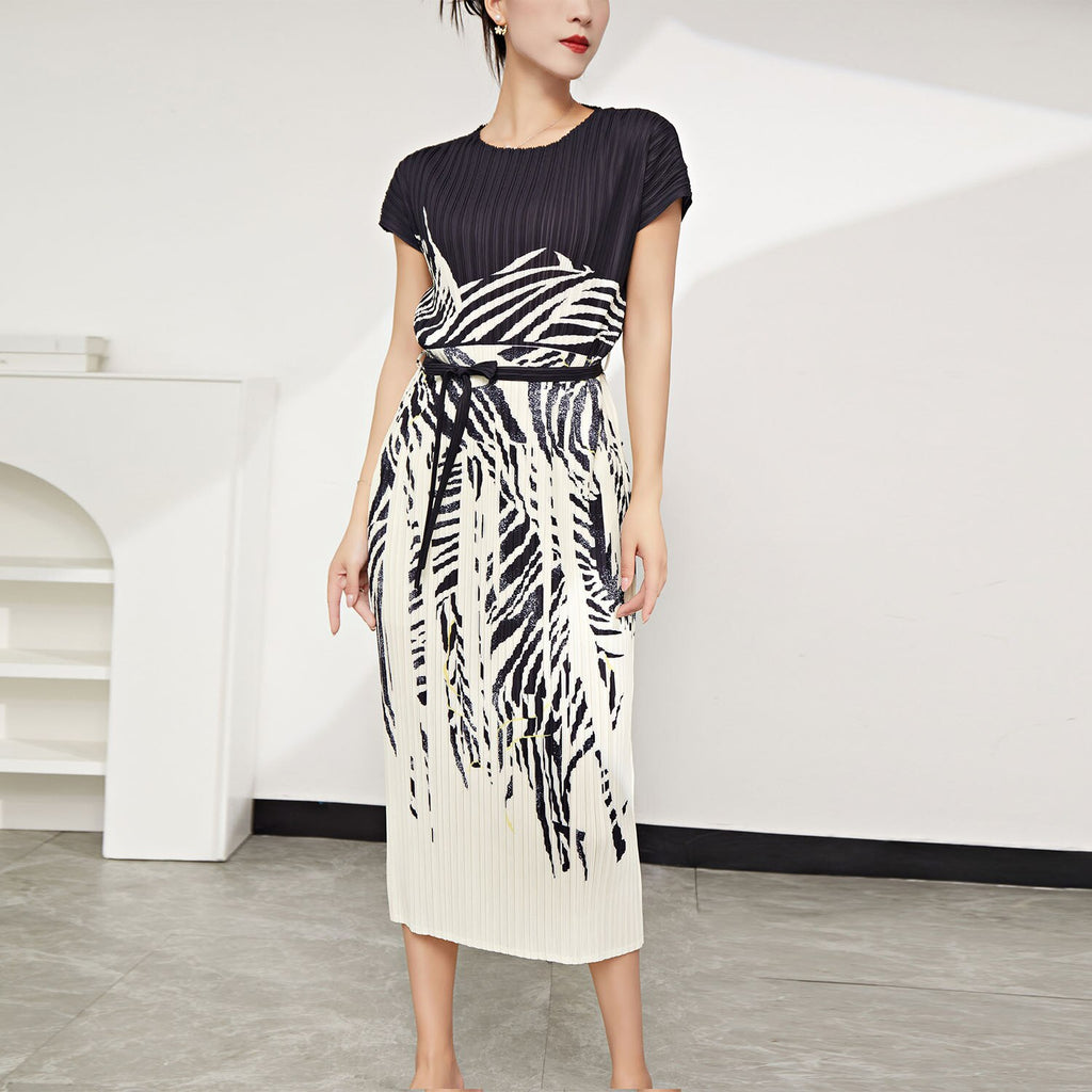 New Lace-up Pleated Dress For Women O-neck Short Sleeve Print 2023 Summer Fashion Holidays Casual Clothing Female