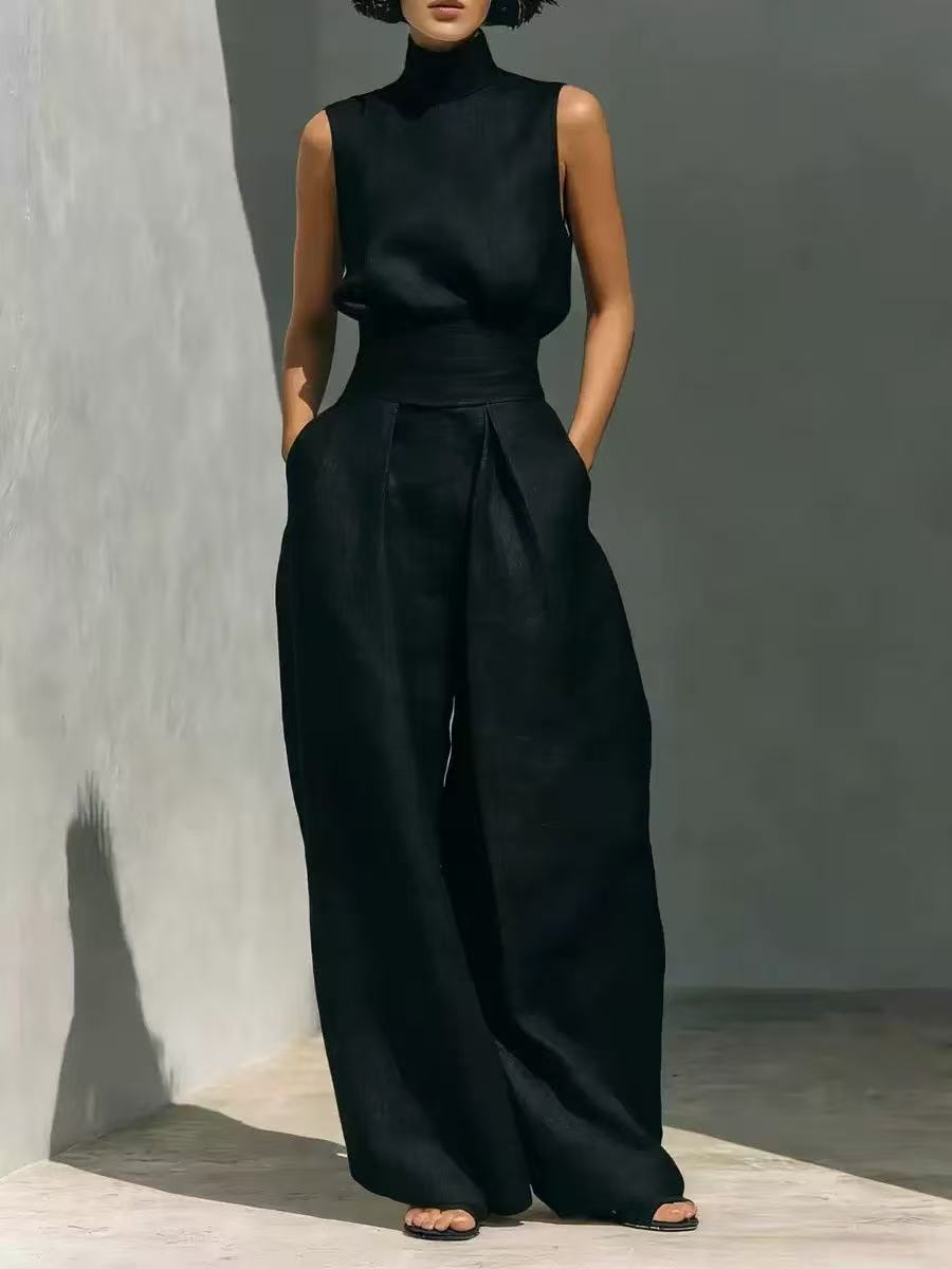 Spring 2026 solid-color elegant women's blended sleeveless top and wide-leg
