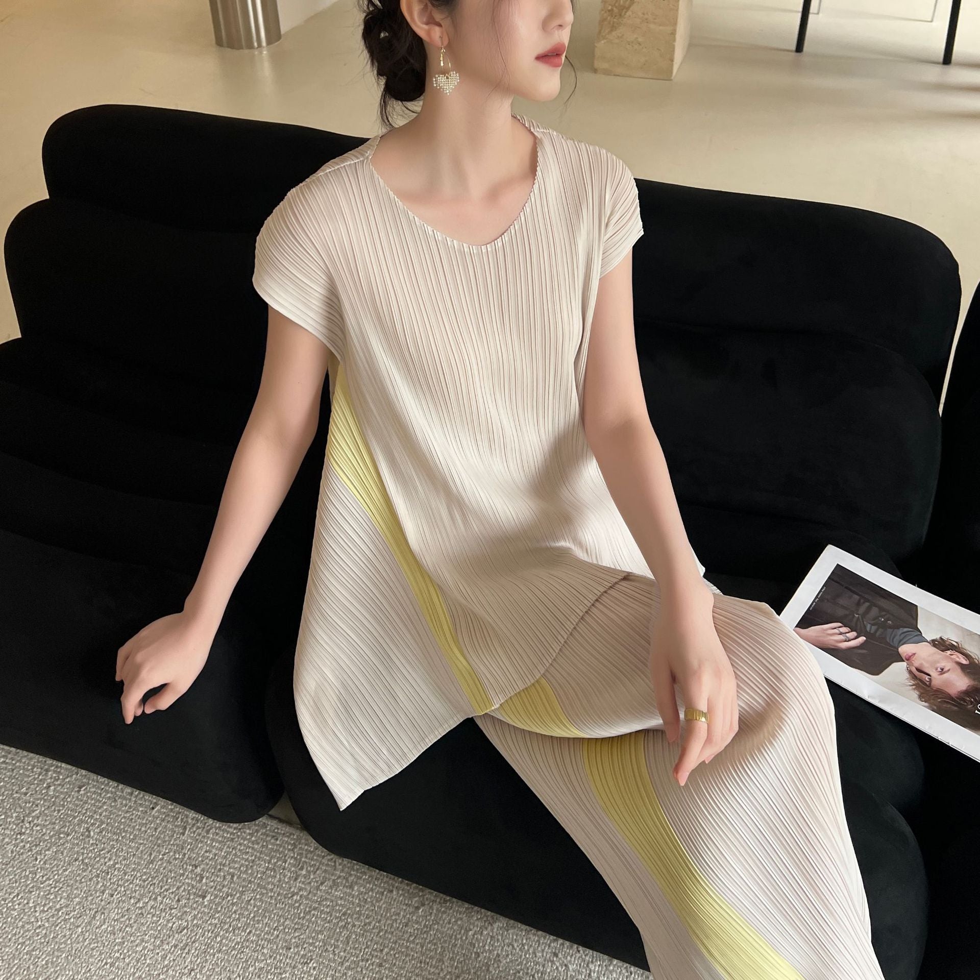 High-end Pleated Fashion Irregular Casual Top and Pants Set