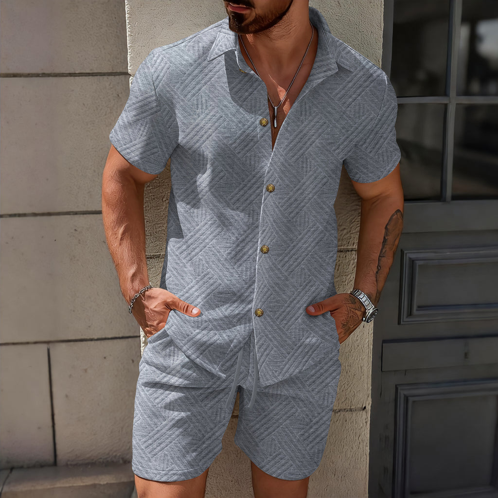Men's spring solid-color jacquard lapel cardigan, short-sleeved shirt, shorts and two casual pieces
