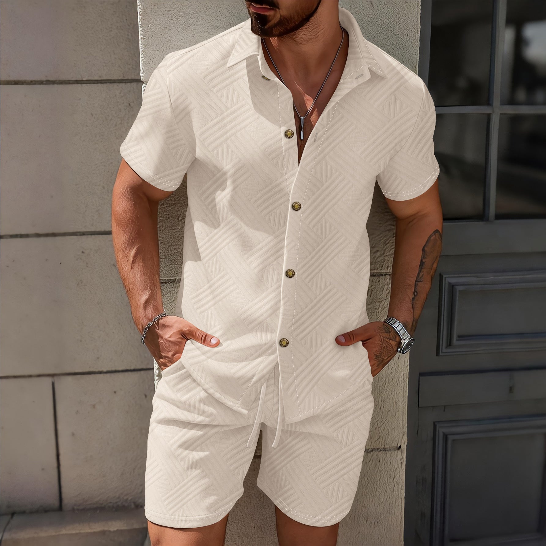 Men's spring solid-color jacquard lapel cardigan, short-sleeved shirt, shorts and two casual pieces
