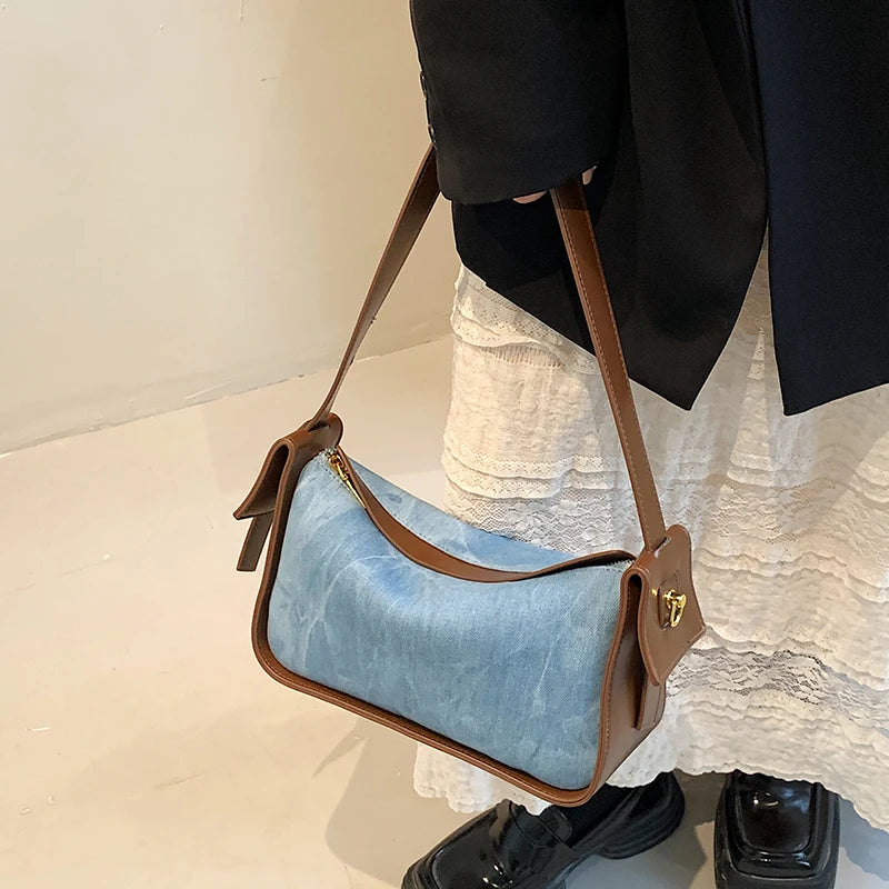 Fashion Women Pu Leather Handbag Large Capacity Denim Shoulder Bags For Women Casual Zipper Clutch Phone Sac Crossbody Bags