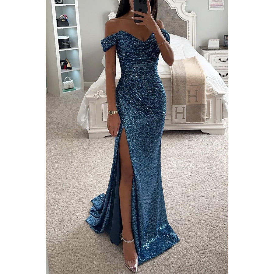 Party Sequin One-Shoulder Slit Dress INS Casual Fashion Dress for Women