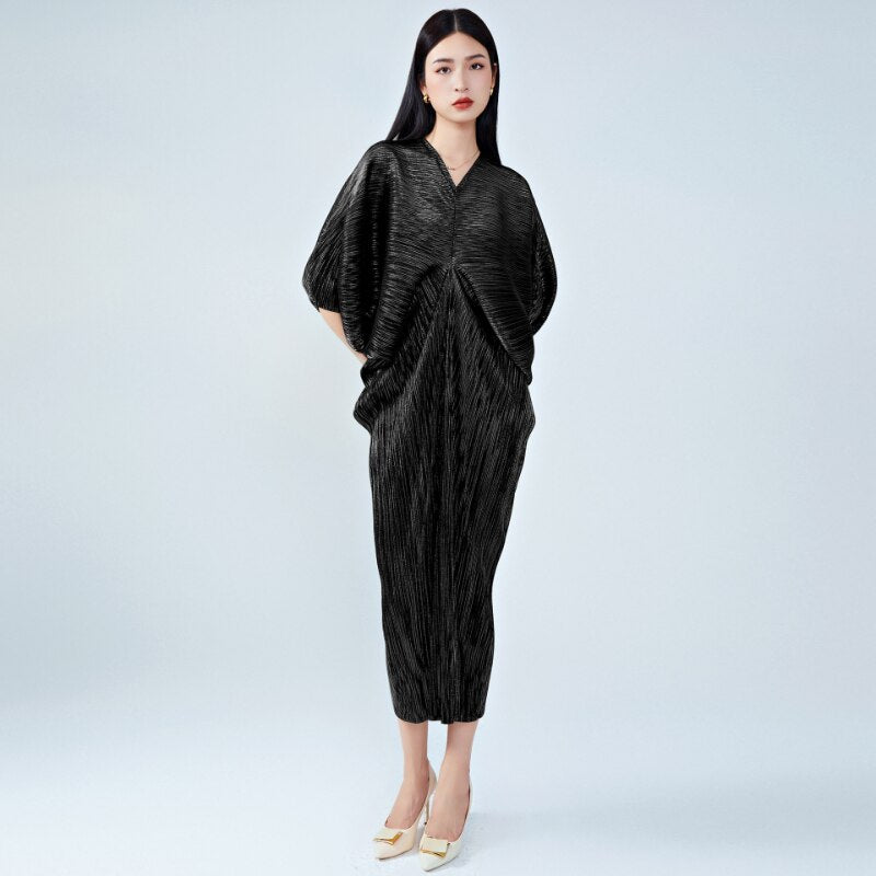Pleated Solid Casual Women Dress Korea Summer New Arrival Personality Fashion Loose V-neck Short Sleeve Dress