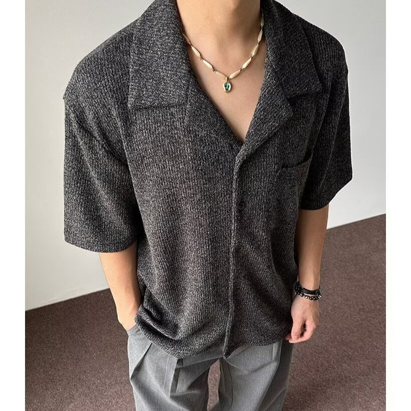 Classic Cuban Collar Textured Shirt Short Sleeve Men Top