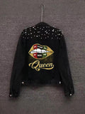 Printed Heavy Beaded Pearl Denim Jacket for Women, Slim Fit Casual Fashion Coat
