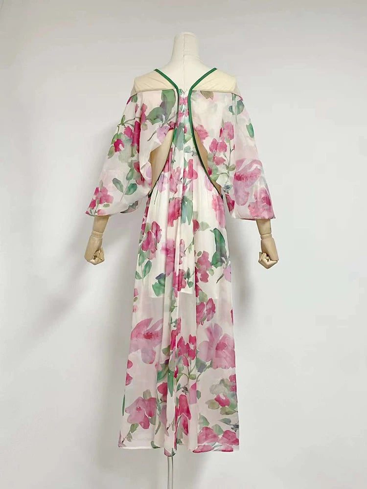 Hit Color Floral Printing Loose Casual Dress For Women V Neck Long Sleeve High Waist Split Loose Dresses Female Fashion New