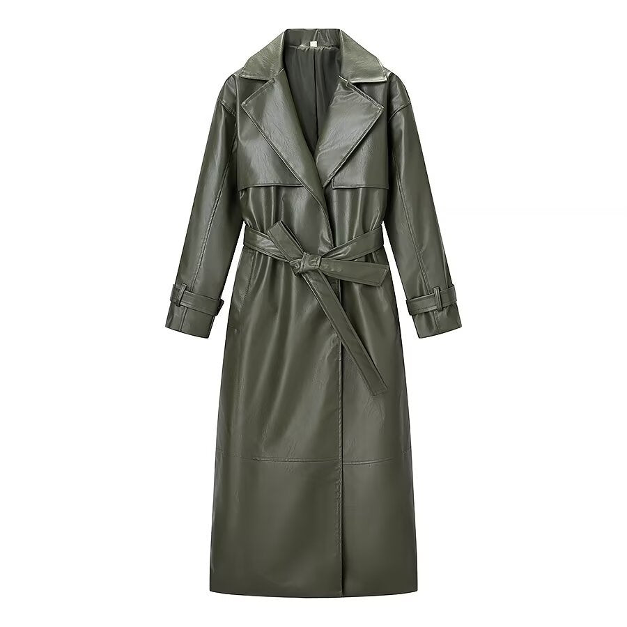 New Women's Fashion Casual Versatile Long Leather Coat