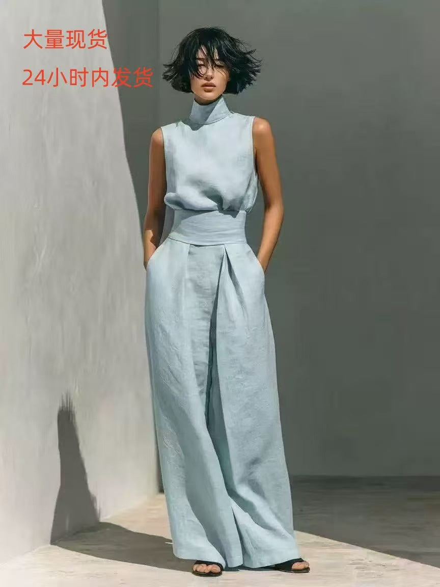 Spring 2026 solid-color elegant women's blended sleeveless top and wide-leg