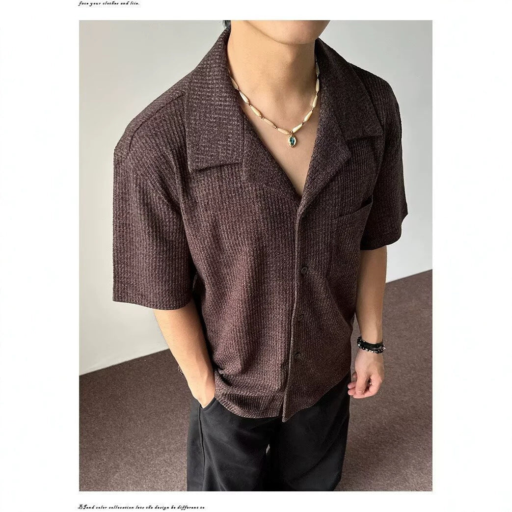 Classic Cuban Collar Textured Shirt Short Sleeve Men Top