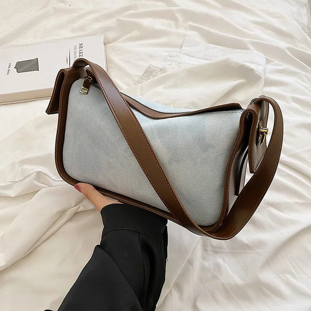 Fashion Women Pu Leather Handbag Large Capacity Denim Shoulder Bags For Women Casual Zipper Clutch Phone Sac Crossbody Bags