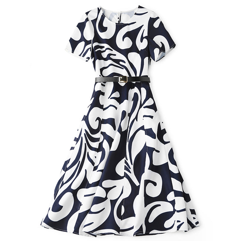 High Quality Spring&Summer Elegant Dress Short Sleeve O-Neck Print Belt Fashion Casual Long Dress Women Vestides