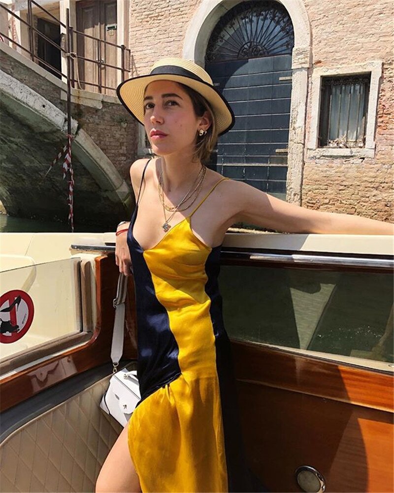 Fashion Satin Splicing Women Spaghetti Strap Dress Robe Femme Sexy Casual Clothing