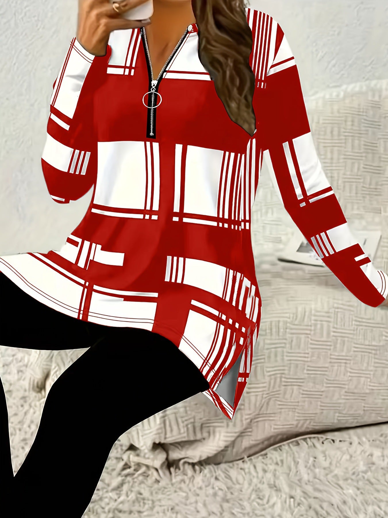 Elegant Women's Long Sleeve Zipper Shirt with Digital Print Casual Fashion