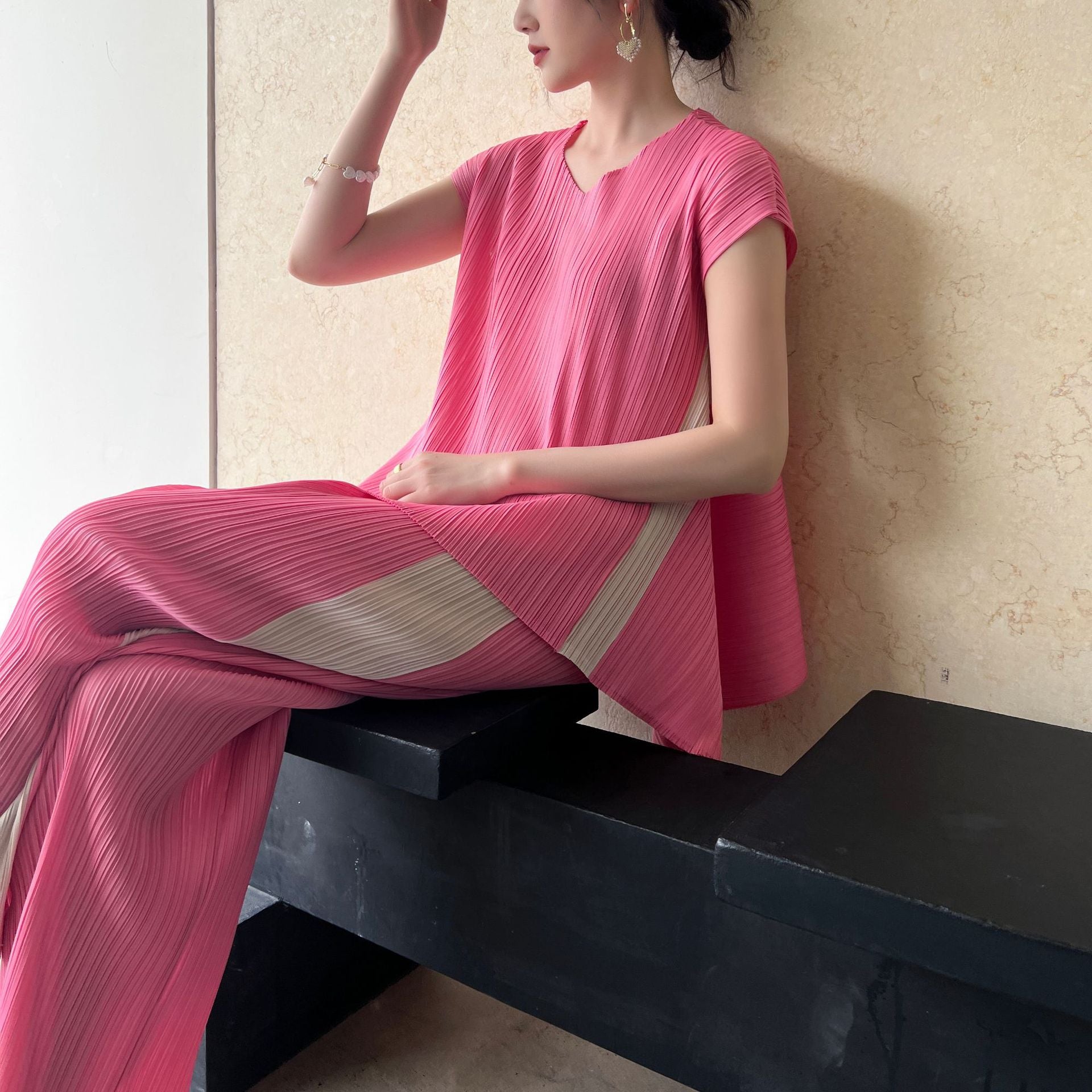 High-end Pleated Fashion Irregular Casual Top and Pants Set
