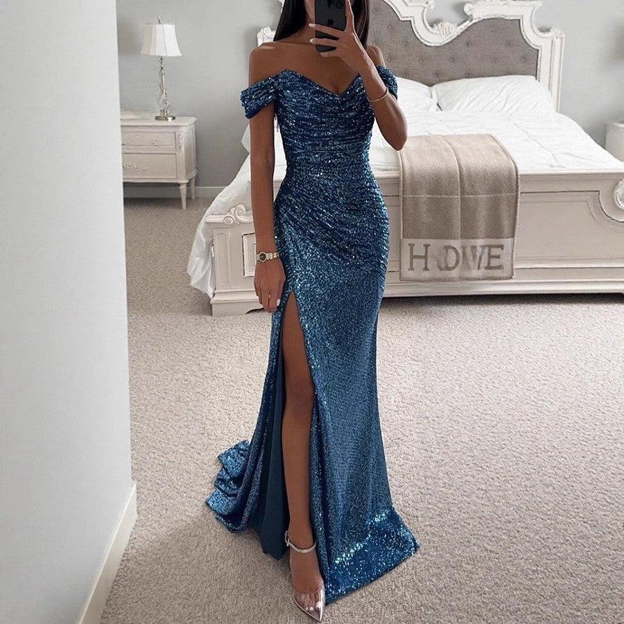 Shiny Sequin One-Shoulder Split Dress, Casual Fashion Dress for Women