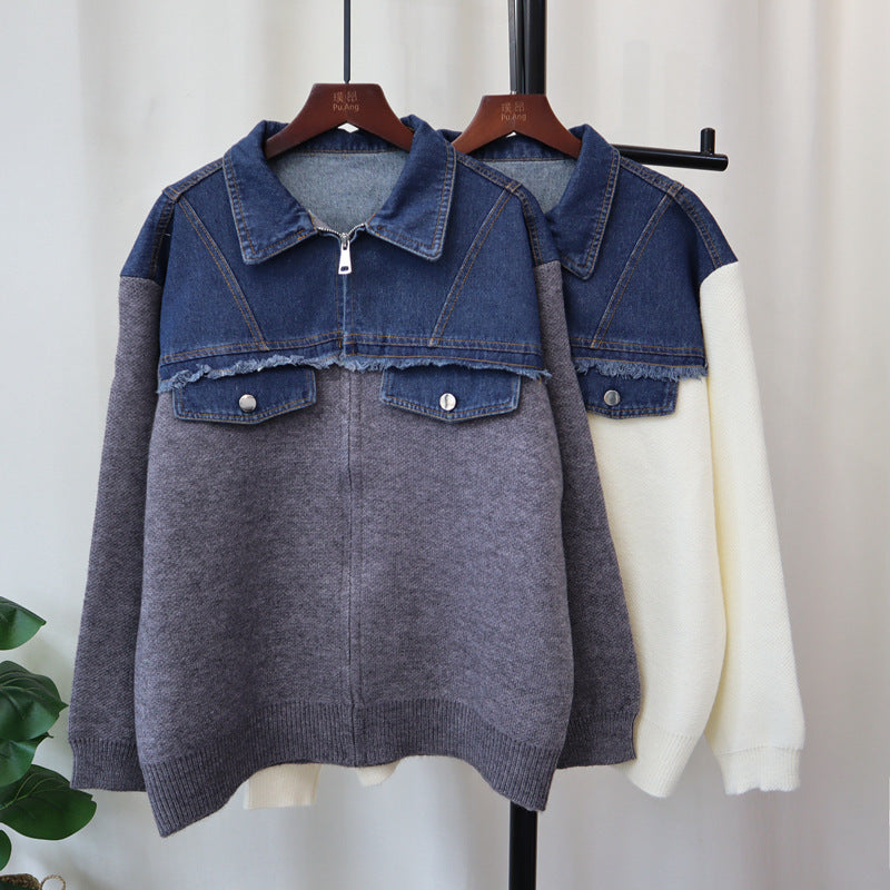 Splicing denim knit cardigan, loose casual versatile zipper sweater jacket, women's fashion