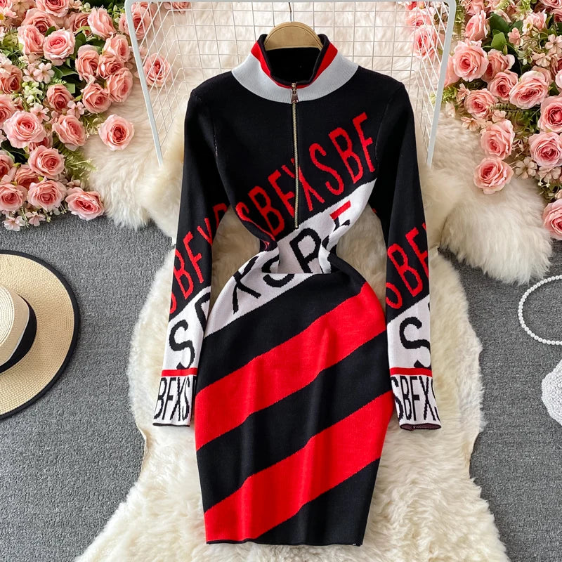 Knitted Dress Women  New Autumn Fashion Zipper Long Sleeve High Waist Midi Long Dress Ladies Slim Casual Dresses