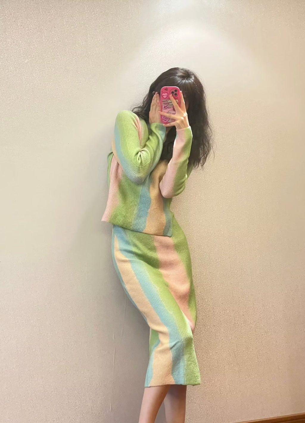 Women Fashion Rainbow Striped Knitting Straight Skirt