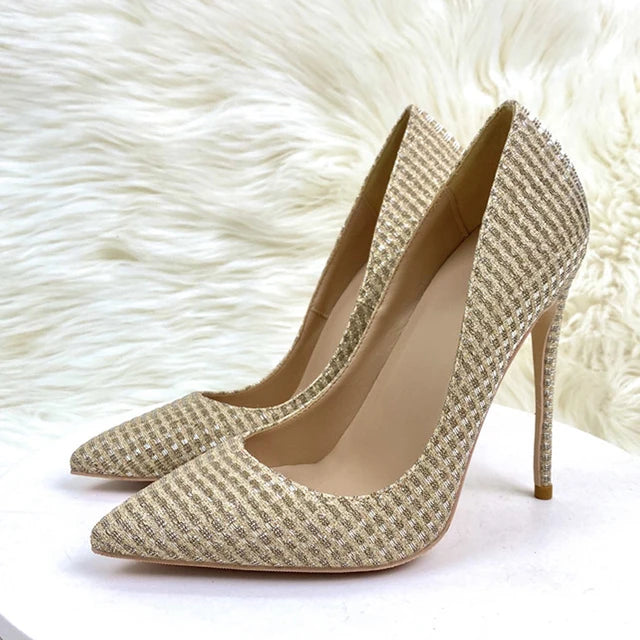 Plaid Glitter Gold Sequined Women Pointy Toe High Heels Classic Wedding Party Shoes Shiny Bling Slip On Stiletto Pumps