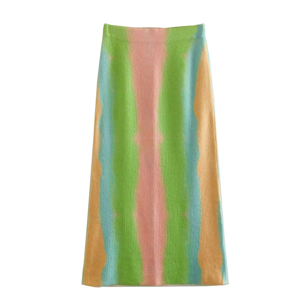 Women Fashion Rainbow Striped Knitting Straight Skirt