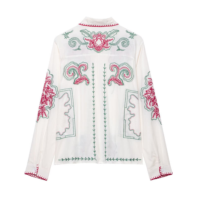 Style Women's Fashion Casual Embroidered Shirt with Belted Pants