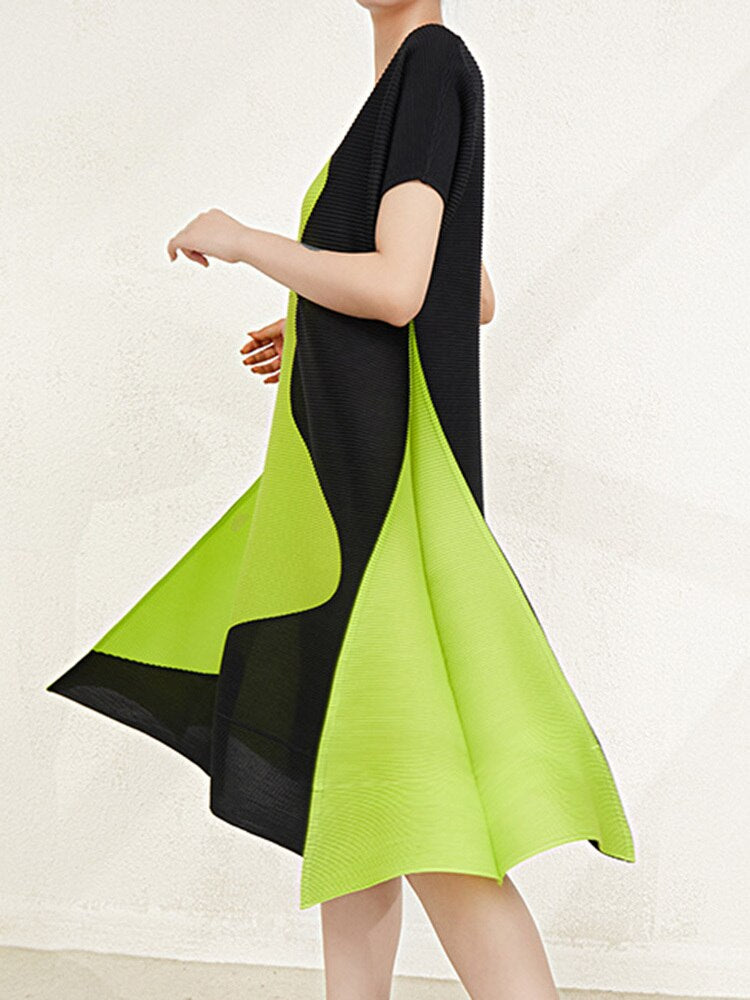 Pleated Dress For Women Fashion Printed Round Neck Short Sleeves Contrast Color A-line Dresses Casual
