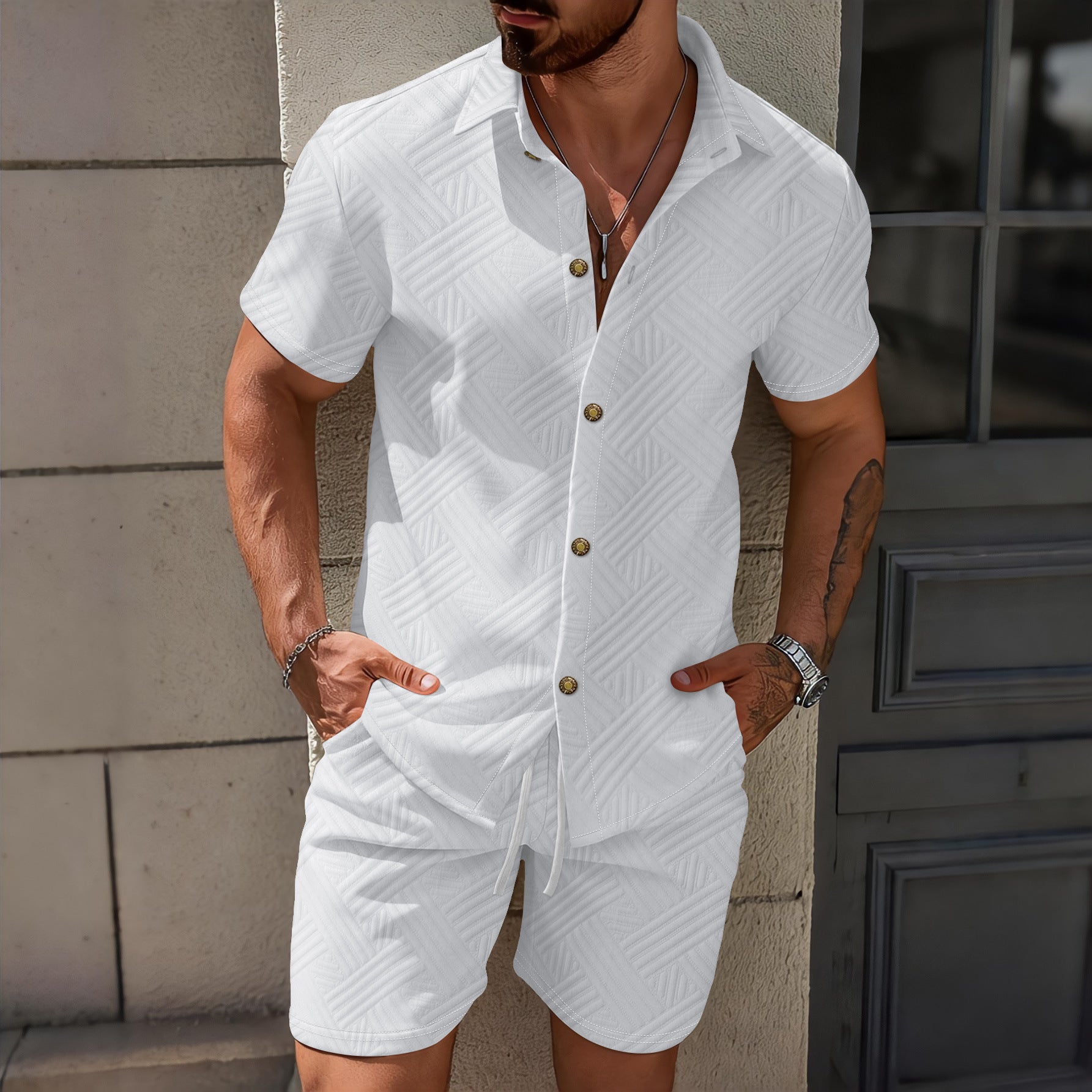 Men's spring solid-color jacquard lapel cardigan, short-sleeved shirt, shorts and two casual pieces