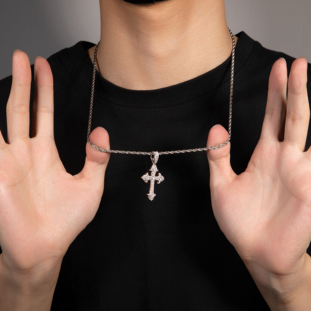 Zircon cross-shaped necklace, men's European and American sweater chain, hip-hop fashion, tagram style pendant necklace wholesale