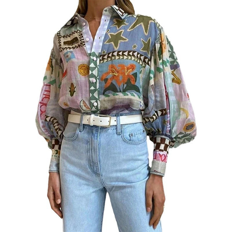 Notched Collar Long Sleeve Printed Casual Fashion Blouse for Women
