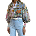 Notched Collar Long Sleeve Printed Casual Fashion Blouse for Women