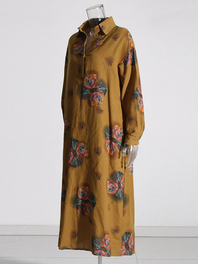 Casual Printing Dresses For Women Lapel Long Sleeve Loose Waist Patchwork Button Elegant Dress Female Fashion