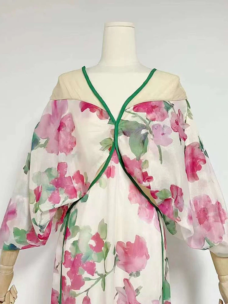 Hit Color Floral Printing Loose Casual Dress For Women V Neck Long Sleeve High Waist Split Loose Dresses Female Fashion New