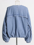 Patchwork Pockets Casual Loose Denim Jackets For Women Round Neck Long Sleeve Spliced Zipper Jacket Female Fashion