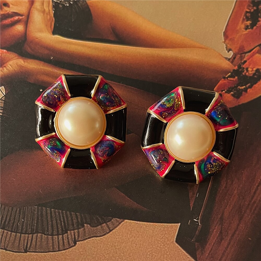 S925 Vintage Enamel Imitation Pearl Geometric Flower Irregular Drop Glaze Stud Earrings for Women Girls Party Travel Jewerly